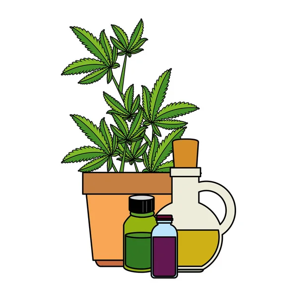Şişe ürünleri ile tencerede esrar bitki — Stok Vektör