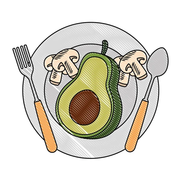 Fresh avocado in dish with mushroom vegetarian food — Stock Vector