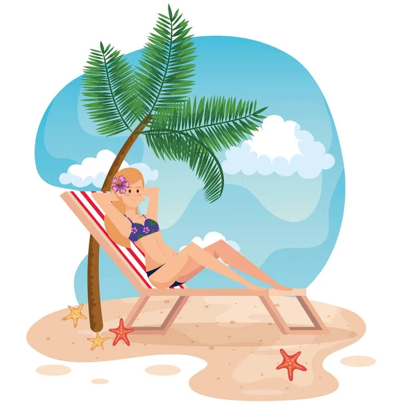 Woman taking sun in the tanning chair with palm tree — Stock Vector
