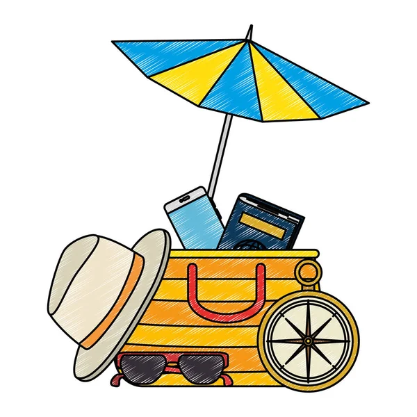 Plage parasol avec accessoires de vacances — Image vectorielle