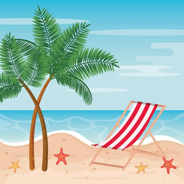 Palms trees with tanning chair and starfishes in the beach — Stock Vector