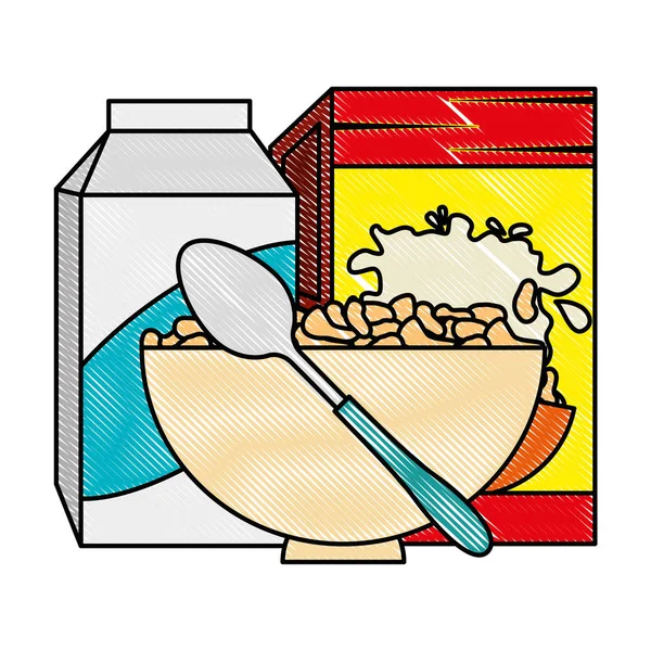 Caixa de cereais com leite e prato —  Vetores de Stock
