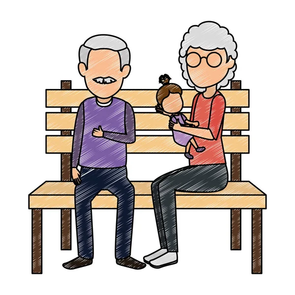 Abuelos pareja con nieta en silla de parque — Vector de stock