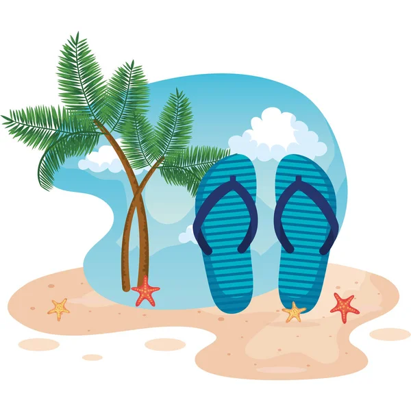 Palmen bomen met flip-flop en starvissen in het strand zand — Stockvector