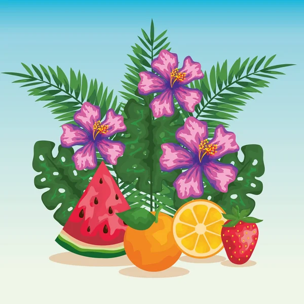 Квіти з екзотичними фруктами і тропічним листям — стоковий вектор