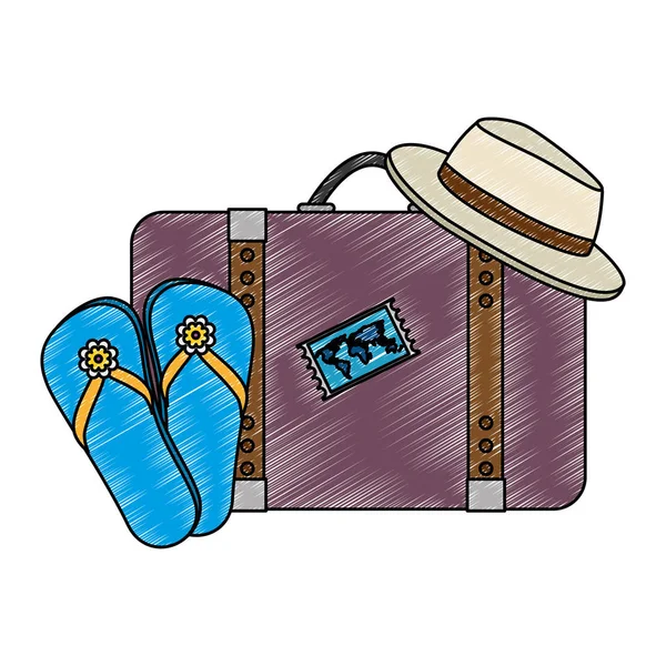 Ταξίδι βαλίτσα με καλοκαιρινά καπέλα και σανδάλια — Διανυσματικό Αρχείο