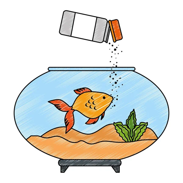 Tazón de acuario con colores pescado y botella de comida — Vector de stock