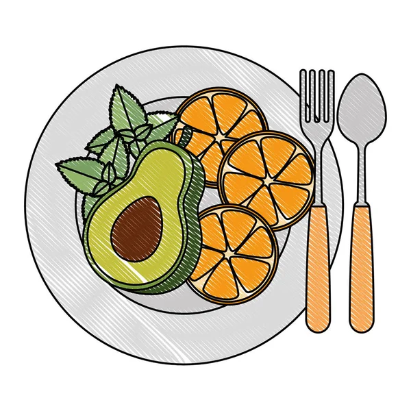 Plato y cubiertos con frutas y verduras — Vector de stock