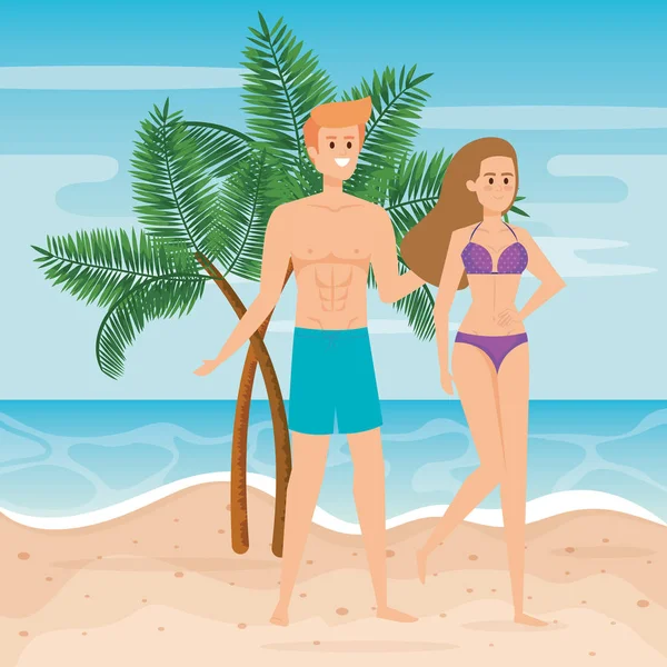 Hombre con pantalones cortos de baño y mujer con traje de baño y palmeras — Vector de stock