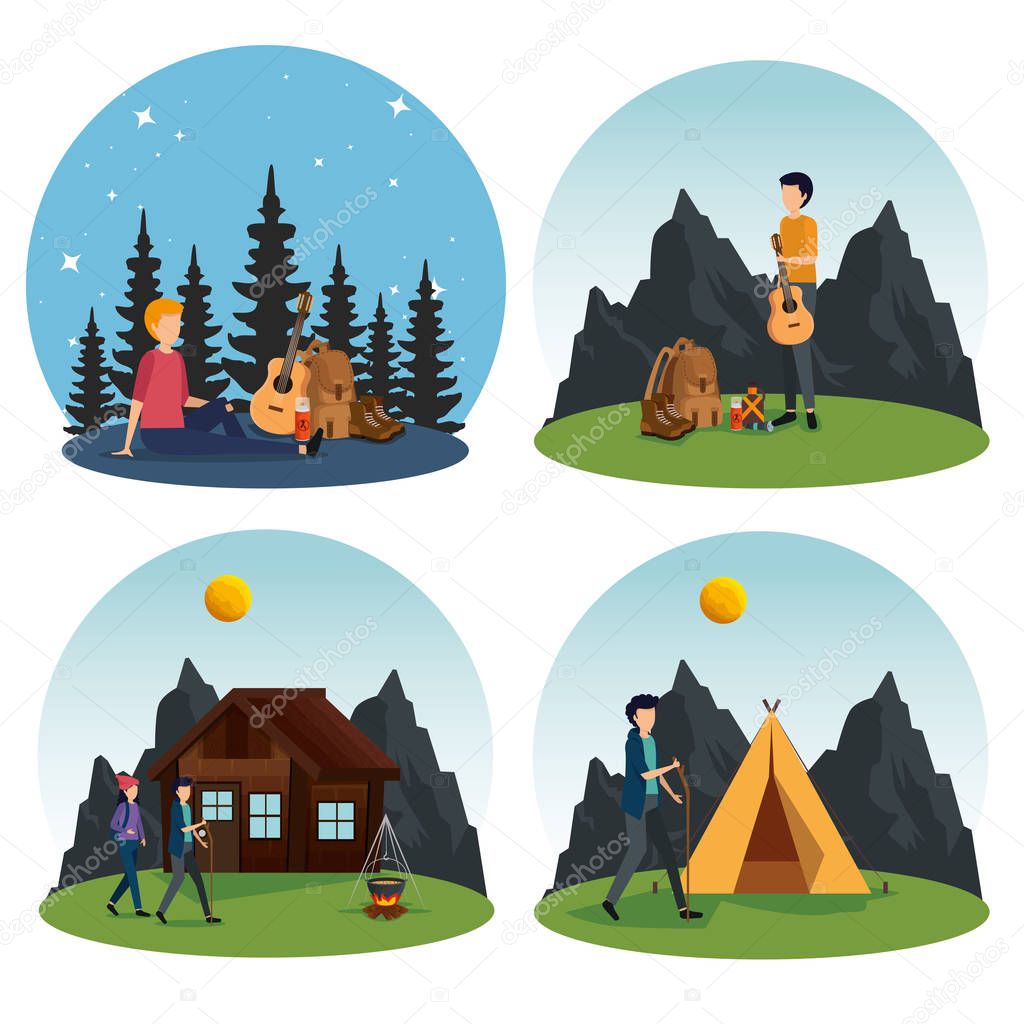 set of woman and men camping in the nature landscape