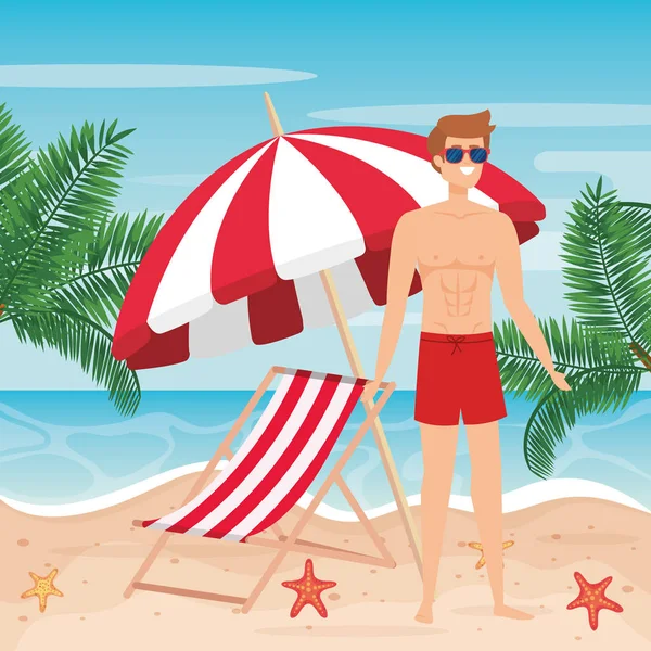 Man wearing bathing shorts with sunglasses and tanning chair with umbrella — Stock Vector