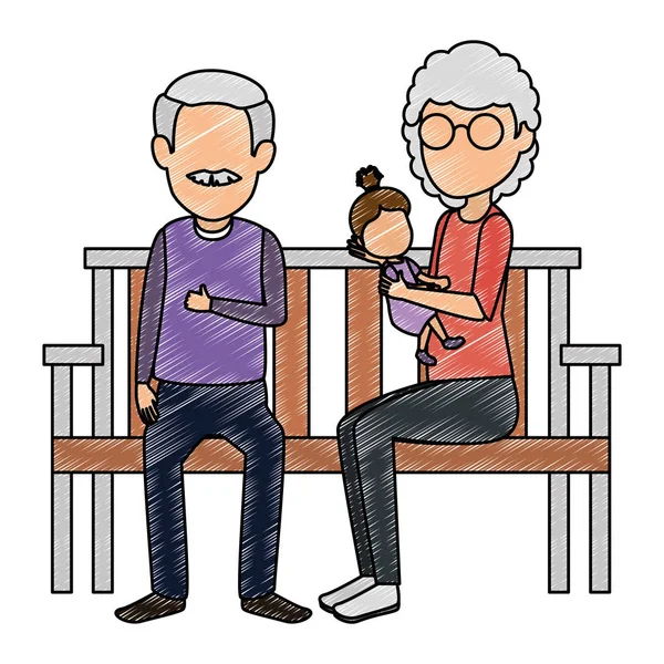 Grandparents couple with granddaughter in park chair — Stock Vector