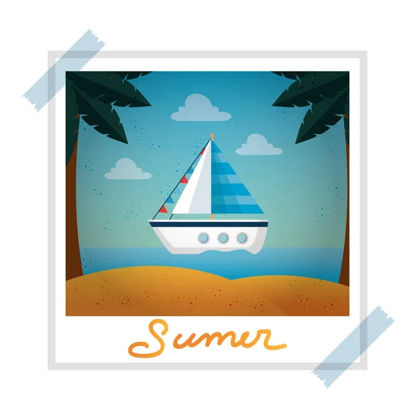 Photo snapshot with summer beach and sailboat — Stock Vector