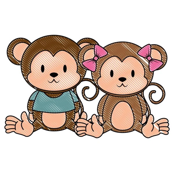 Aranyos és imádnivaló majmok pár karakter — Stock Vector
