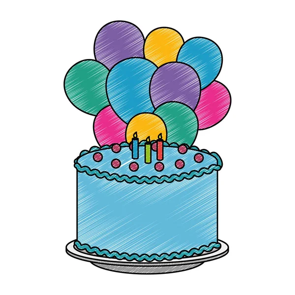Смачний торт зі свічками та повітряними кульками гелій — стоковий вектор
