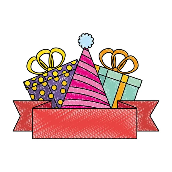 Подарункові коробки подарунки з капелюхом і стрічкою — стоковий вектор
