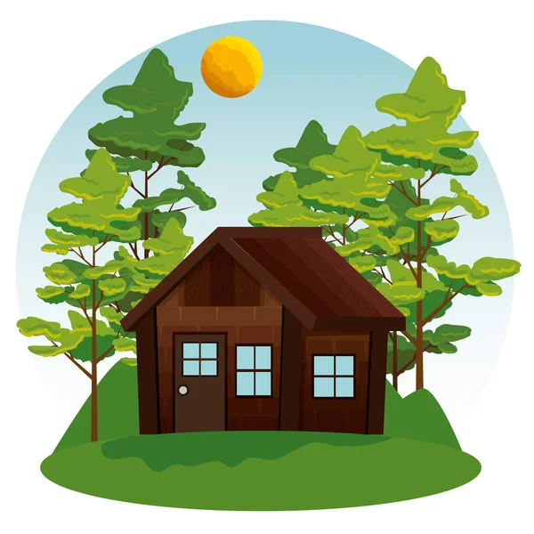 Nature landscape with cabin and trees with sun — Stock Vector