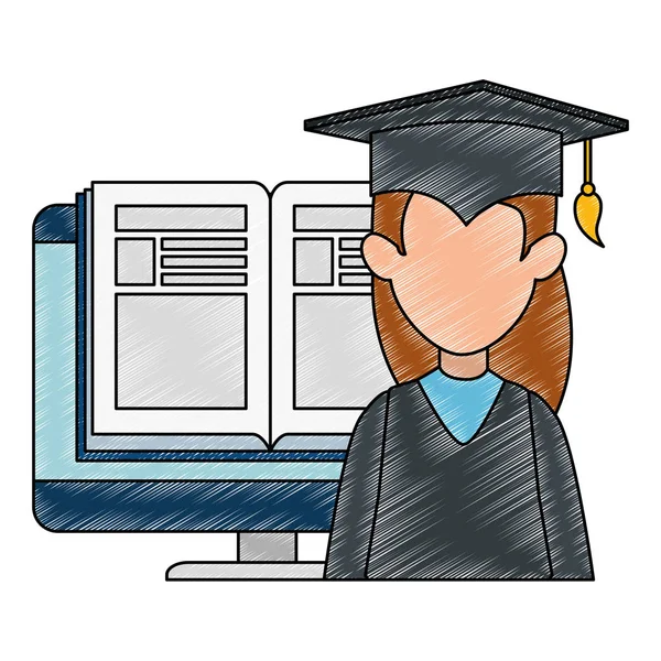 Mulher estudante formou-se com computador e livro — Vetor de Stock