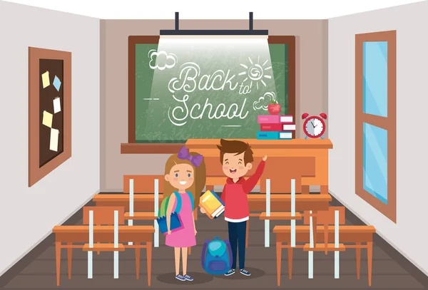 Girl and boy students with desks and blackboard in the classroom — Stock Vector