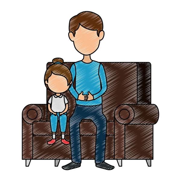 Πατέρας με μικρό κορίτσι σε χαρακτήρες καναπέ — Διανυσματικό Αρχείο