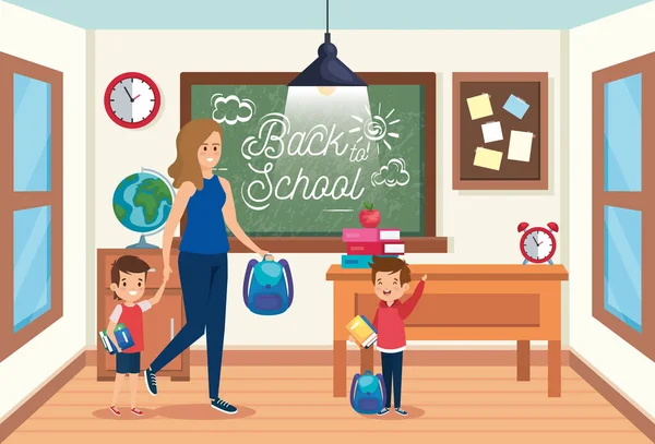 Madre con niños estudiantes con mochila y libros — Vector de stock