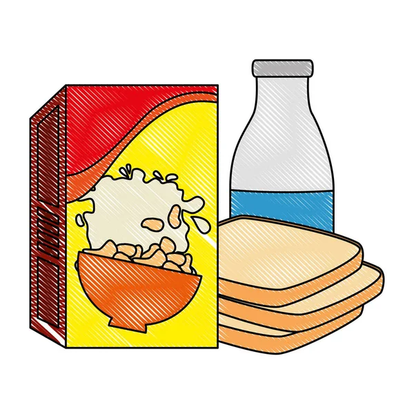 Boîte de céréales avec pain et bouteille de lait — Image vectorielle