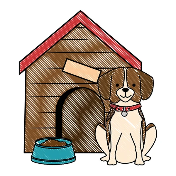 Lindo perro crianza con madera casa y plato de comida — Archivo Imágenes Vectoriales