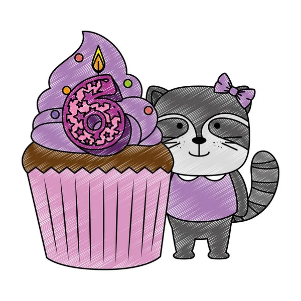 Sweet Cupcake met kaars nummer zes en wasbeer — Stockvector
