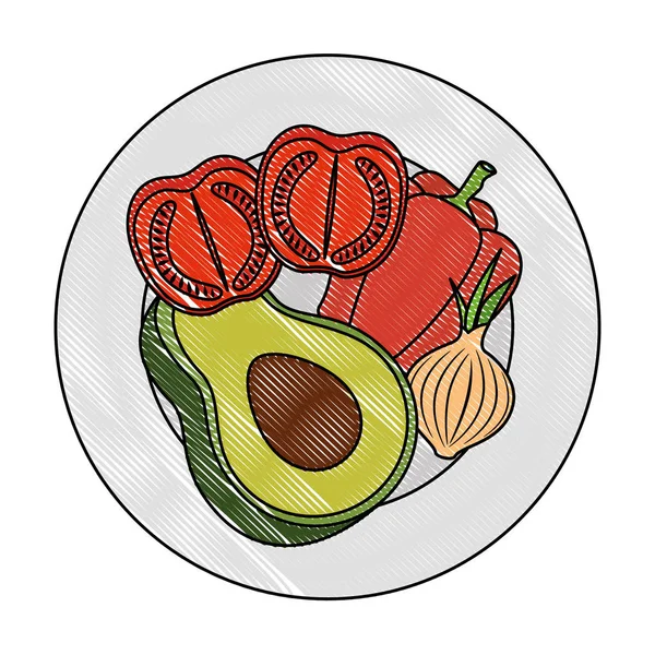 Aguacate fresco con comida vegetariana de peper y tomate — Archivo Imágenes Vectoriales