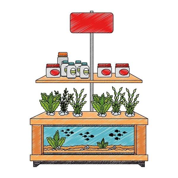 Shelving of veterinary store with aquariums and products — Stock Vector