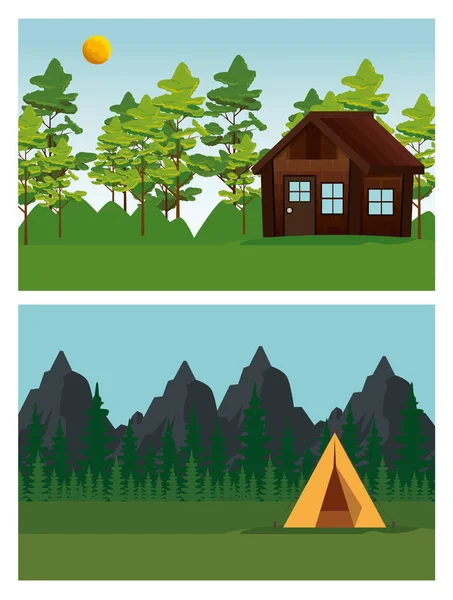 Conjunto de cabañas y campamentos alrededor de los árboles naturales y las montañas — Vector de stock