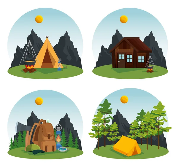 Conjunto de campamento y cabaña con árboles naturales y montañas — Vector de stock