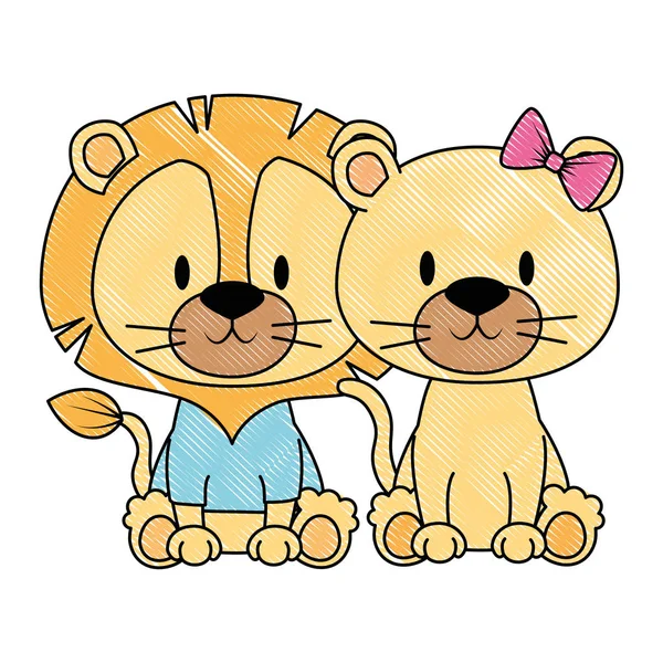 Niedliche und entzückende Löwenpaar Charaktere — Stockvektor