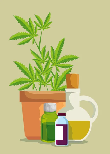 Cannabis dans le pot de plantation avec bocal à huile et bouteilles de médicaments — Image vectorielle