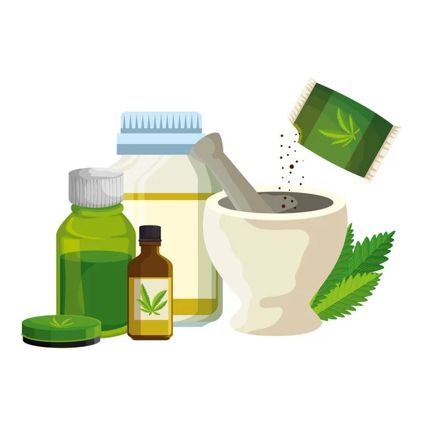 Pill grinder with cannabis set products — Stock Vector