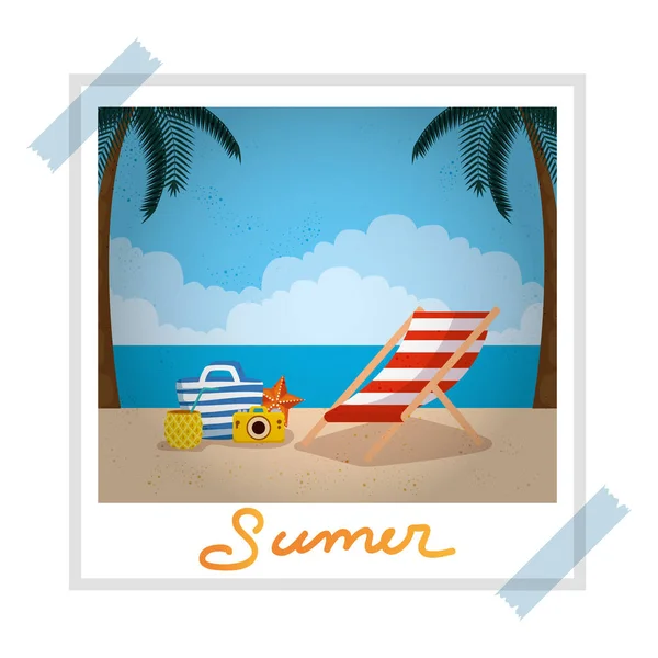 Foto instantâneo com praia de verão e ícones de cadeira — Vetor de Stock
