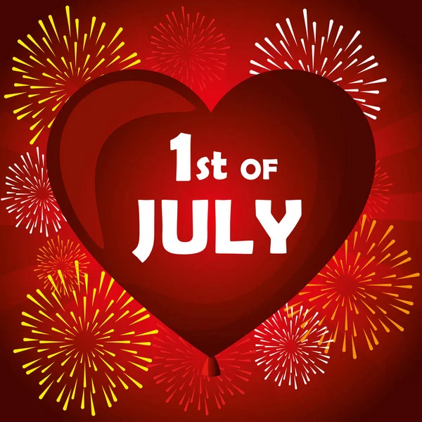 Cuore palloncino con primo messaggio luglio e fuochi d'artificio — Vettoriale Stock