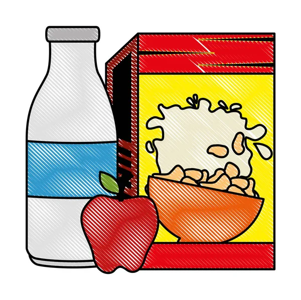 Caixa de cereais com garrafa de leite e maçã —  Vetores de Stock