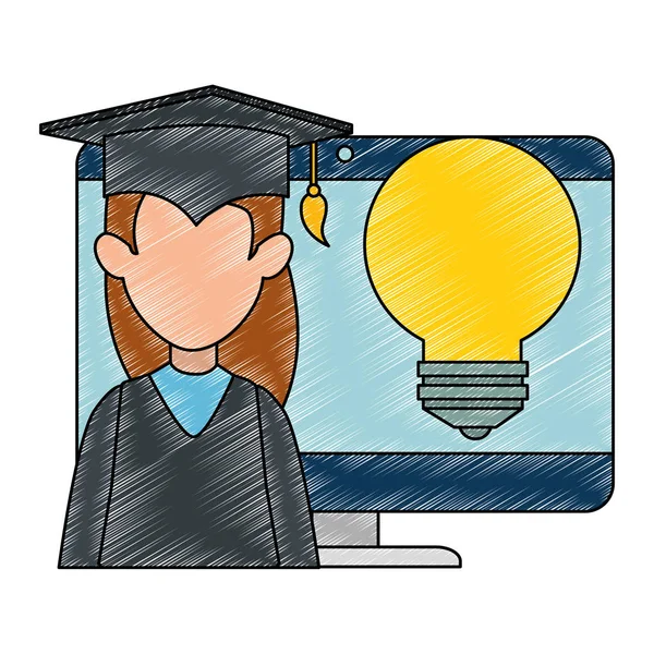 Studentessa laureata con computer e lampadina — Vettoriale Stock