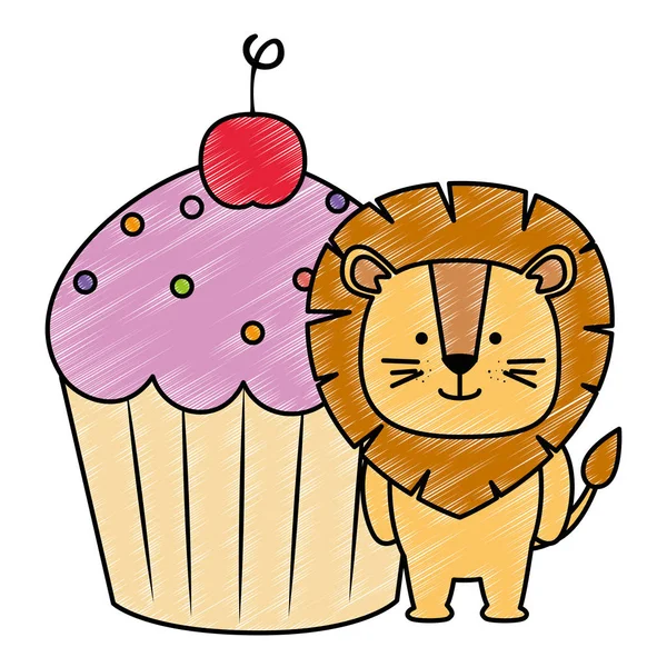 かわいいライオンと甘いカップケーキ — ストックベクタ