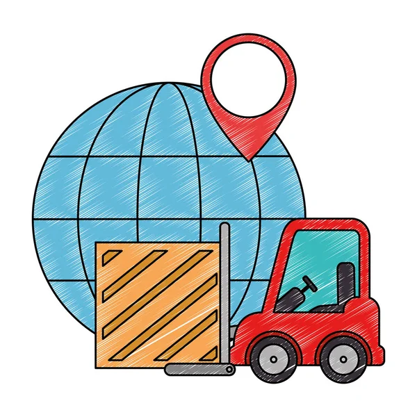 Forklift dengan kotak kayu dan planet - Stok Vektor