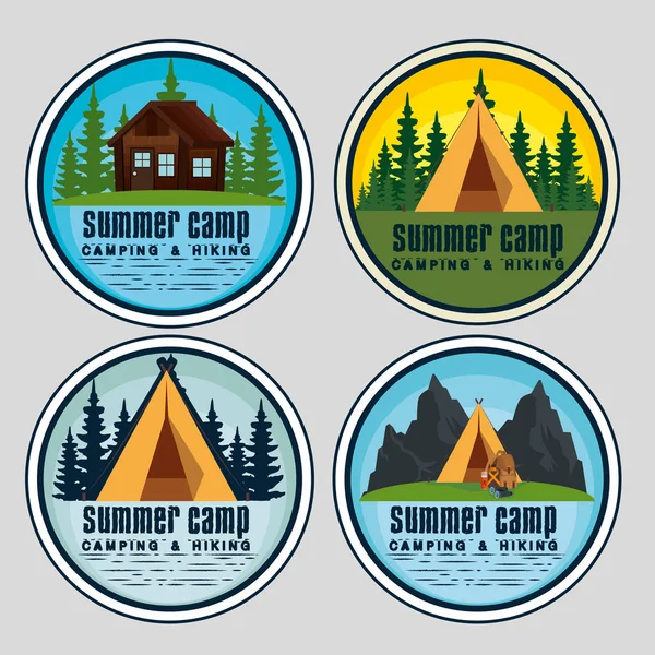 Conjunto de etiquetas con cabina y campamento a aventura de verano — Vector de stock