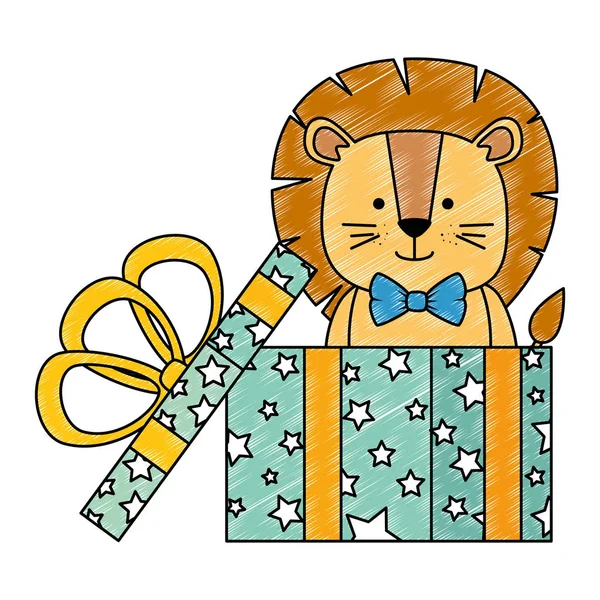 Cute lion in gift character — Stock Vector