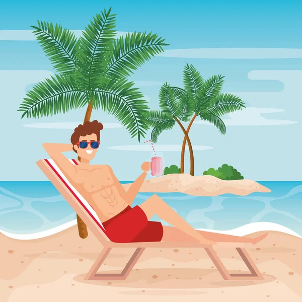 Hombre tomando el sol en la silla de bronceado con gafas de sol — Vector de stock