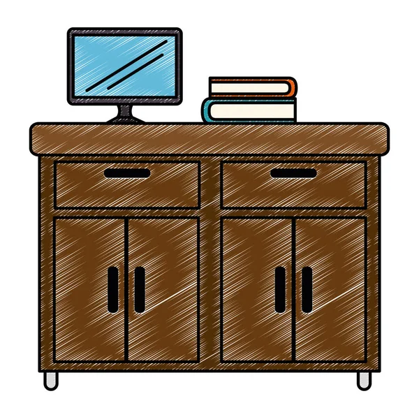 Office wooden drawer with computer and books — Stock Vector