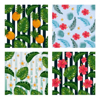 çiçek ve yaprakları vintage arka plan ile ananas seti