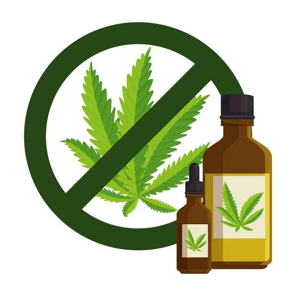 Hojas de cannabis con el símbolo negado y botellas producto — Vector de stock