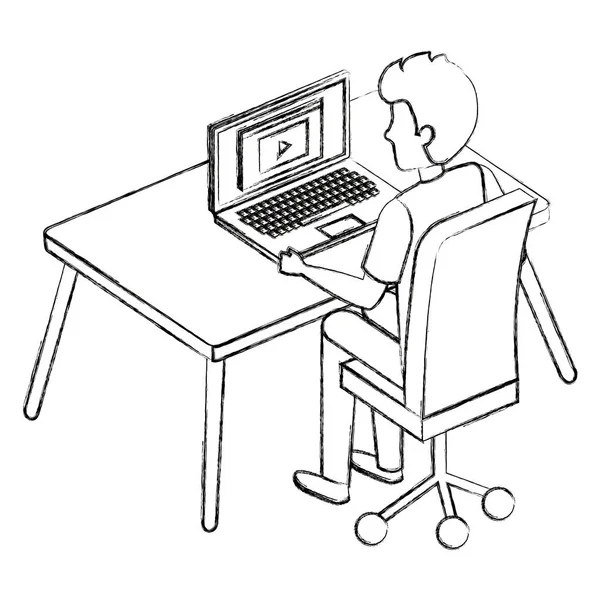 Jeune homme avec ordinateur portable dans la scène de bureau — Image vectorielle