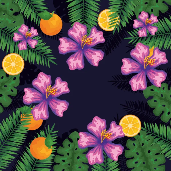 Εξωτικά λουλούδια με πορτοκαλί φρούτα και φύλλα — Διανυσματικό Αρχείο