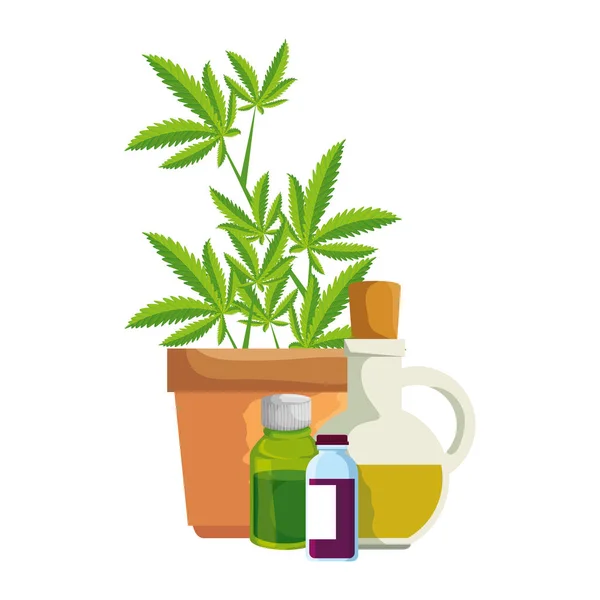 Planta de cannabis en maceta con botellas productos — Archivo Imágenes Vectoriales